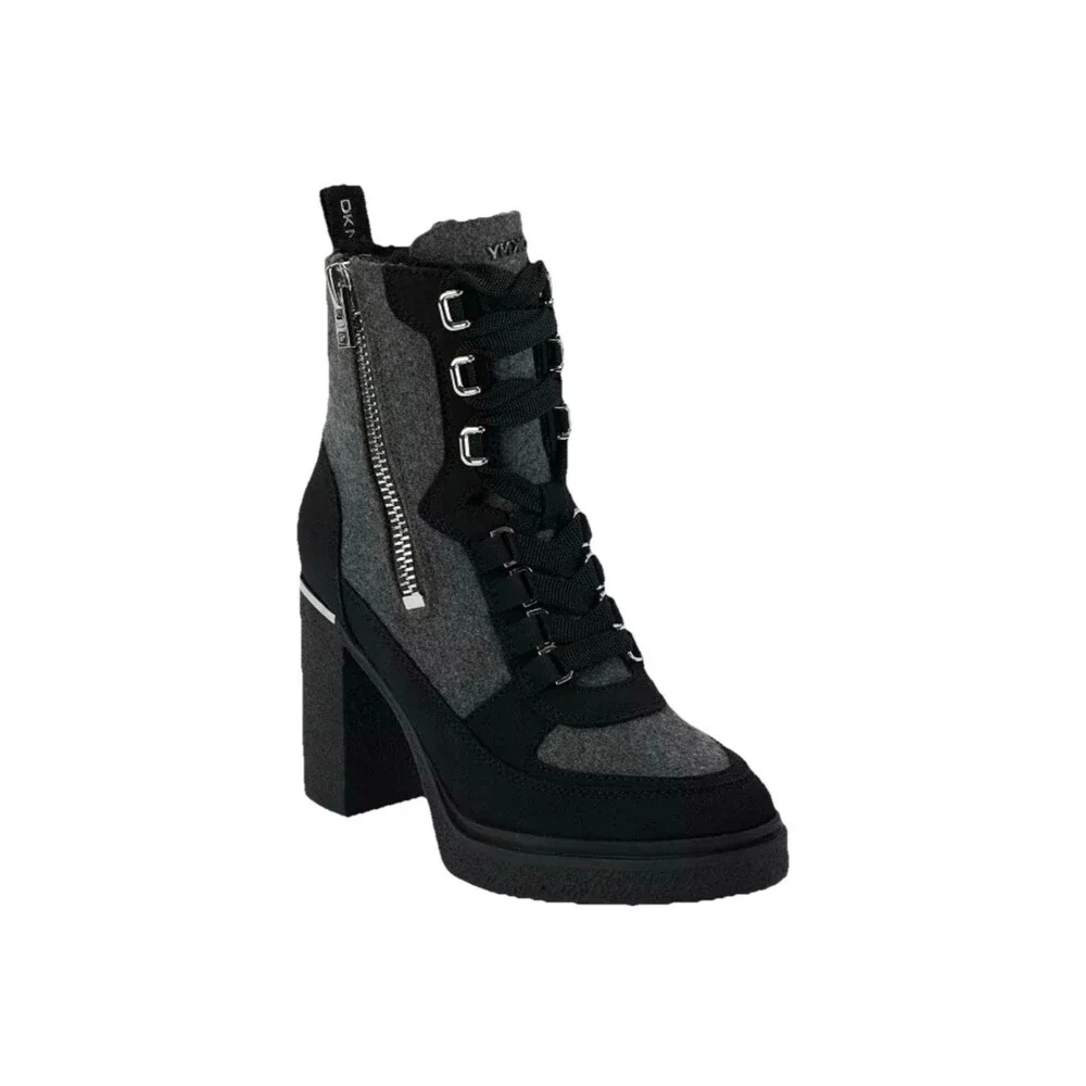 DKNY Womens Toia Lace-Up Zip Block heel platform Booties Grey Black Size 9.5 M